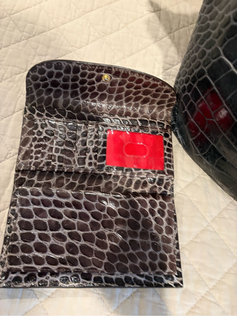 Dooney & Bourke Black Croc-Embossed Shoulder Bag with Brown Trim w/Wallet - Picture 5 of 12